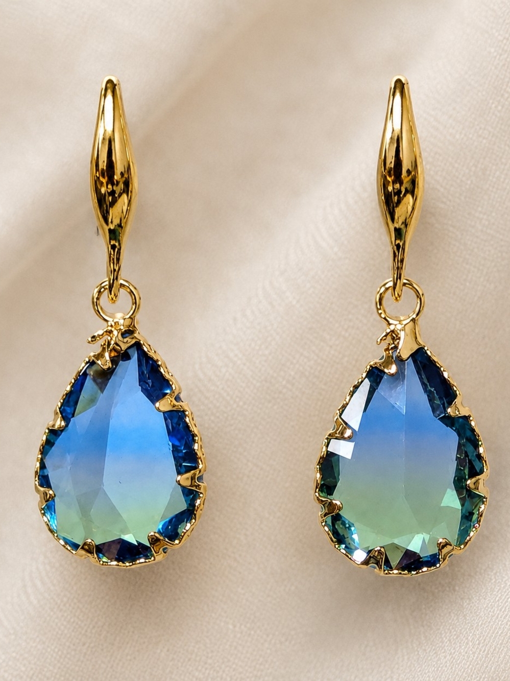 Blue Green Gradient Crystal Teardrop Earrings Gold Tone Water Drop Dangles